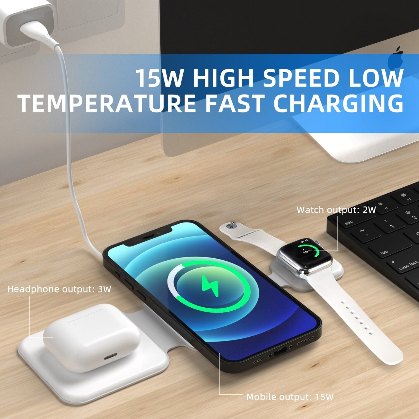 Station de charge sans fil pliable magnétique 3 en 1 pour plusieurs appareils